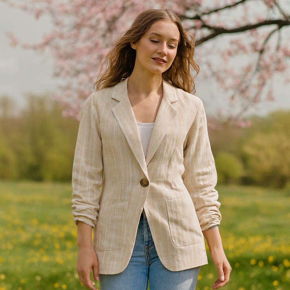 Ellen Tracy Linen Tan and White Striped Blazer Size L NWT Linen Blend - Picture 5 of 8